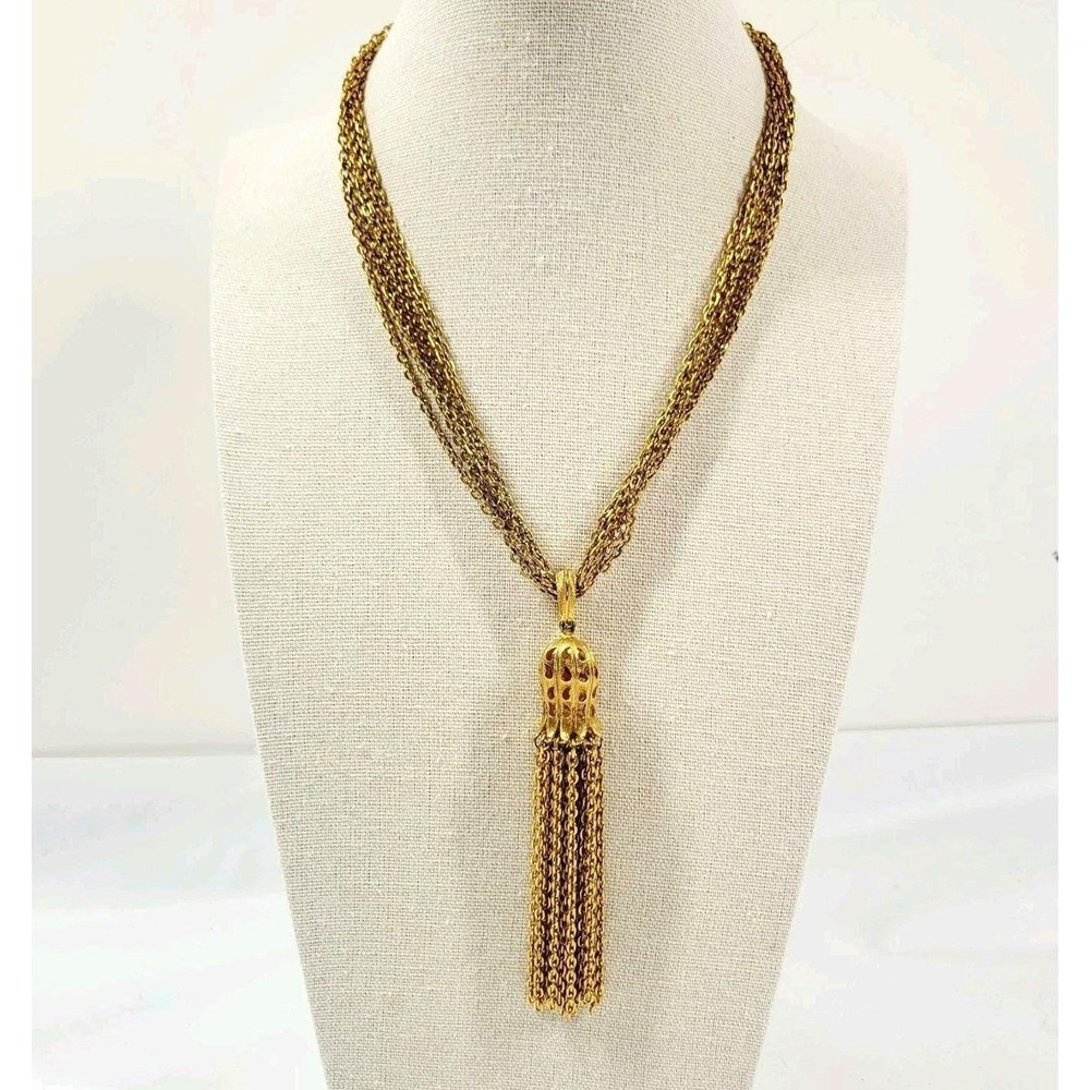 Vintage Crown Trifari Sautoir Tassel Gold Tone Necklace Multi Strand Mid Century